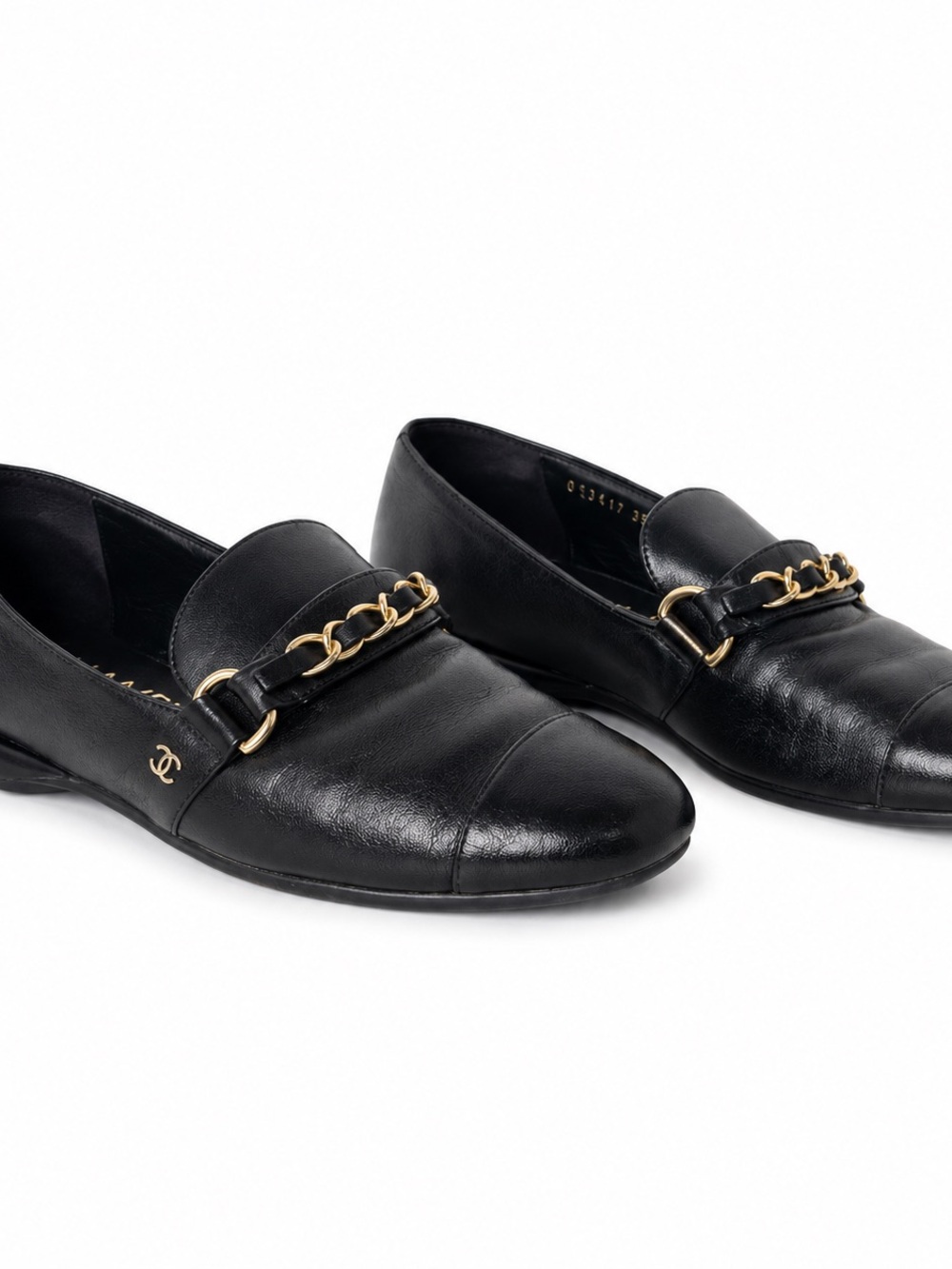 CHANEL Black Leather Chain-Accent Loafers